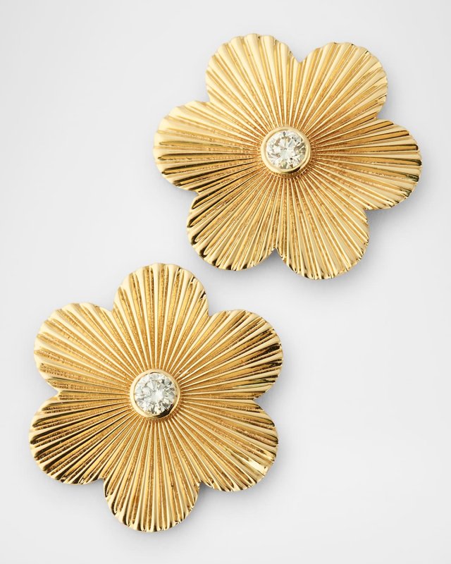 14K Yellow Gold Fluted Flower Diamond Stud Earrings